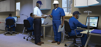 Illustration graphic of a workers discussing a Project Management and Control project